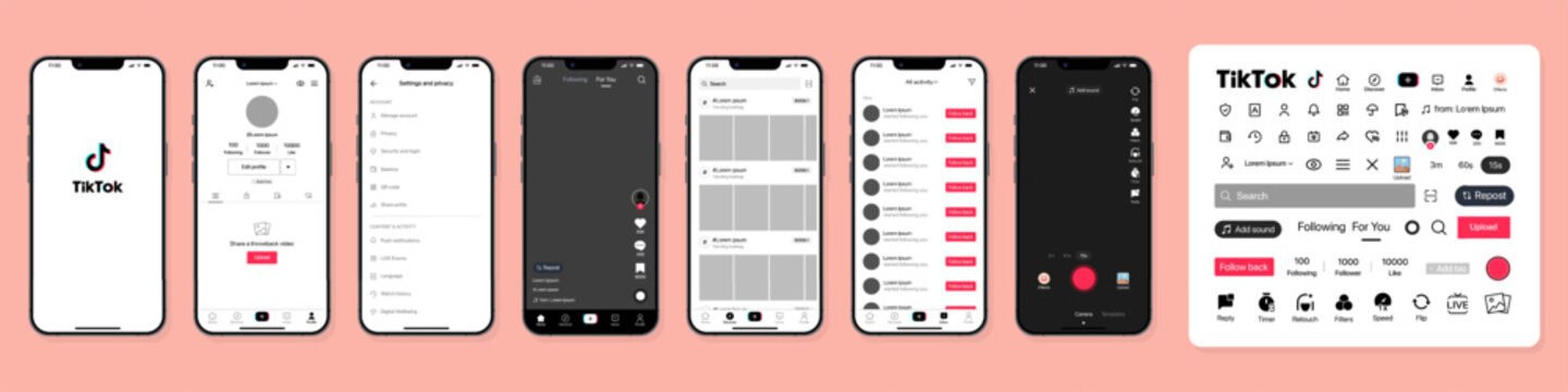 Tiktok. Tik tok mobile App interface template on Apple Iphone mockup. Mockup page template. Pastel background. Editorial vector illustration.