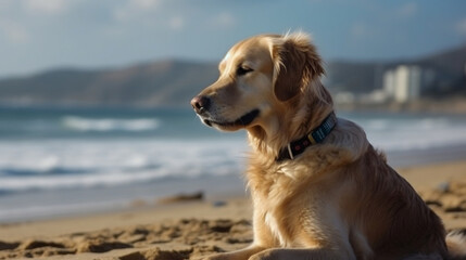 Golden Retriever dog is on summer vacation at seaside resort and relaxing rest on summer beach. Generative ai.