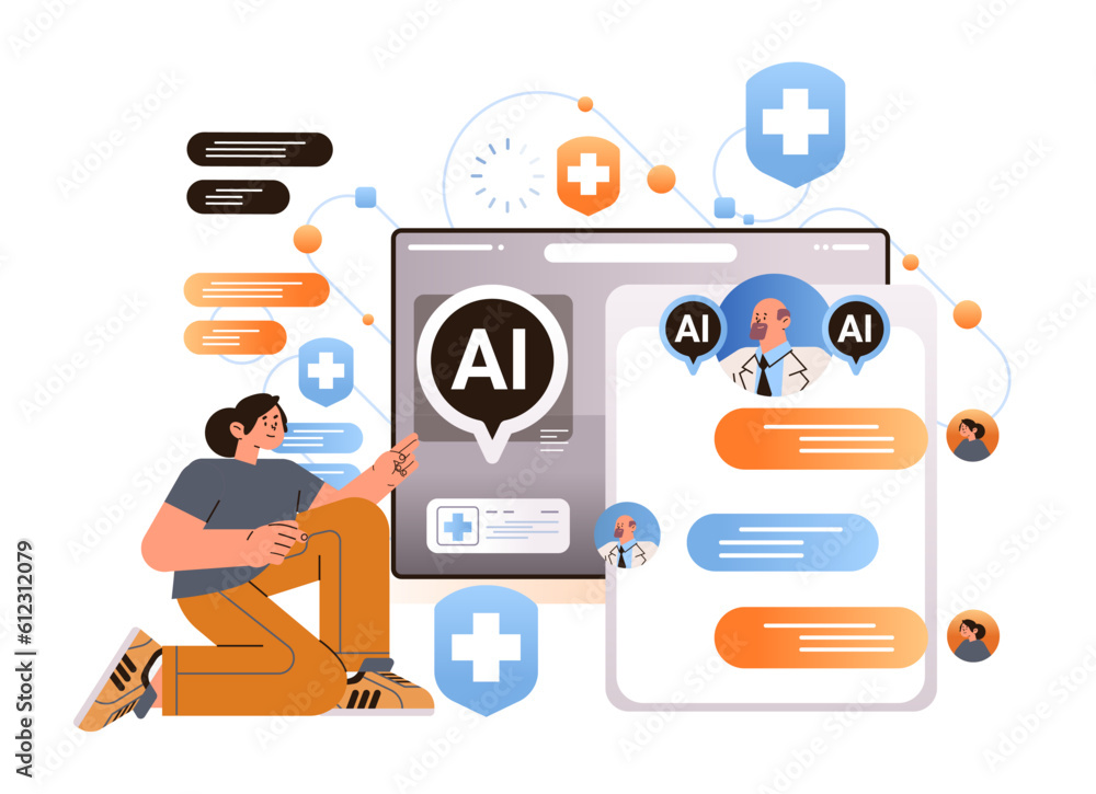 Poster professional financial advisor giving advise in computer app with ai helper bot investment money man