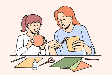 Smiling mother and daughter enjoy arts and crafts doing at home. Happy mom and child busy with paperwork and collages. Motherhood. Vector illustration. 