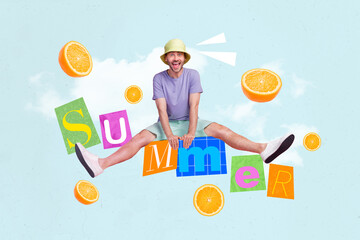 Picture 3d sketch artwork collage pinup pop image of cheerful man jumping sitting letters word inscription isolated drawing background