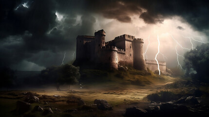 Great castle dark with strong rays and lightning. Generative ai.