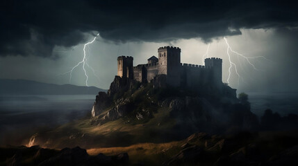 Great castle dark with strong rays and lightning. Generative ai.