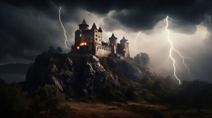 Naklejka premium Great castle dark with strong rays and lightning. Generative ai.