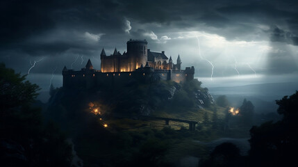 Fototapeta premium Great castle dark with strong rays and lightning. Generative ai.