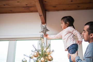 Father lifting toddler girl putting star on Christmas tree