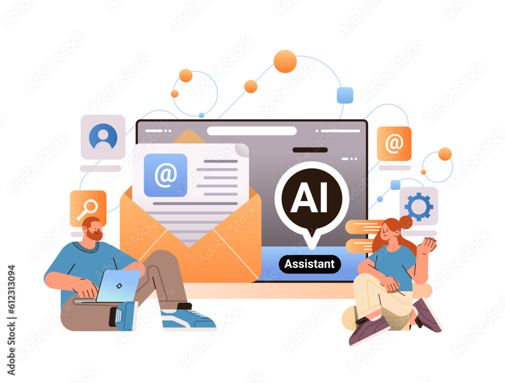 Poster businesspeople using computer app with email assistant ai helper bot internet chatting feedback onli