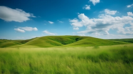 Fototapeta premium Green grass field on small hills and blue sky with clouds. Summer spring landscape background. Generative ai.