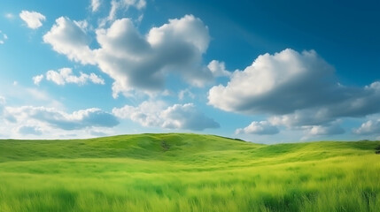 Fototapeta premium Green grass field on small hills and blue sky with clouds. Summer spring landscape background. Generative ai.