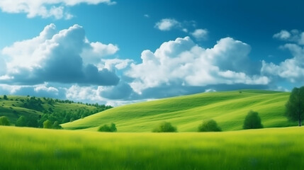 Obraz premium Green grass field on small hills and blue sky with clouds. Summer spring landscape background. Generative ai.