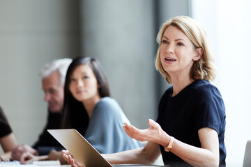 Businesswoman gesturing and talking in meeting