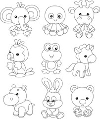 Toy baby animal characters Kawaii with cute little rabbit, elephant, octopus, deer, parrot, frog, unicorn, hippo and bear, set of vector cartoon illustrations