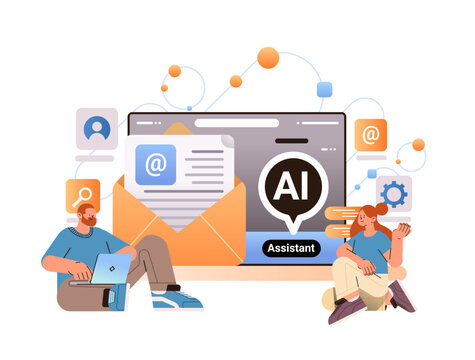 businesspeople using computer app with email assistant ai helper bot internet chatting feedback online form talk to customers