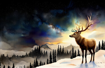 Watercolor animal template background reindeer, created with generative AI