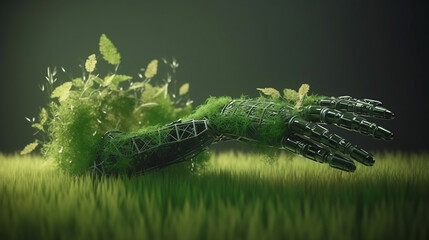 Green technology conceptual design, human arm covered with grass and lush and robotic hand. Generative ai.