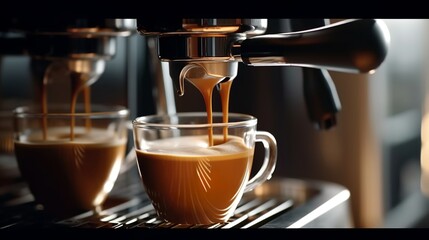 Espresso machine pours fresh black coffee ,Closeup, Generative AI