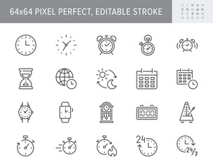 Time line icons. Vector illustration include icon - calendar, hourglass, wristwatch, schedule, stopwatch, fast, smart watch, deadline outline pictogram for clock. 64x64 Pixel Perfect, Editable Stroke