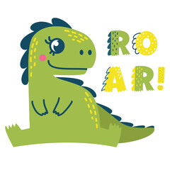 Vector children's illustration. Cute Terranosaurus and the inscription ROAR. Print for children's products . Vector illustration