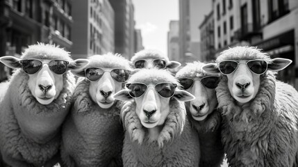 A group of sheep wearing sunglasses and walking in the city, Generative AI
