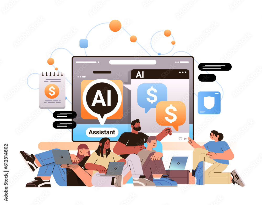 Poster businesspeople using finance assistant computer app with ai helper bot investment money management p