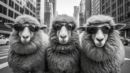 A group of sheep wearing sunglasses and walking in the city, Generative AI