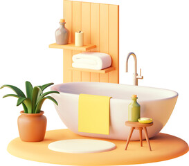Vector modern bathroom with white bathtub illustration. Wooden shelves, plant in flowerpot and stool