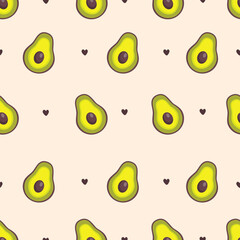 Seamless vector pattern. Juicy avocados and hearts. Pattern on beige background. Vector illustration