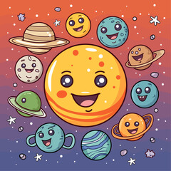 Set of cartoon planets of the solar system on universe background. Vector illustration. Suitable for wallpaper, print, t-shirt, banner, pattern.