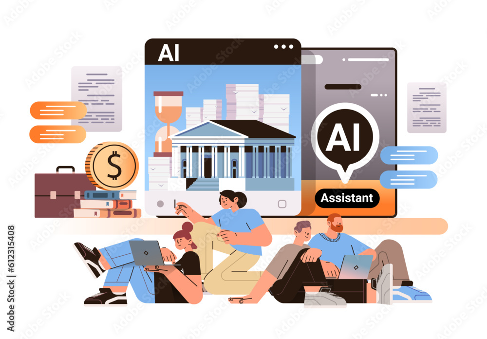 Poster students learning online in computer app with ai helper bot education assistant e-learning concept