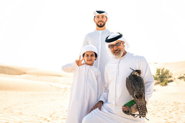 Three generation family making a safari in the desert of Dubai