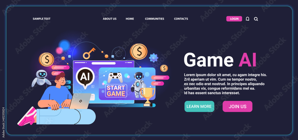 Poster man playing computer video games with ai helper bot game artificial intelligence technology concept