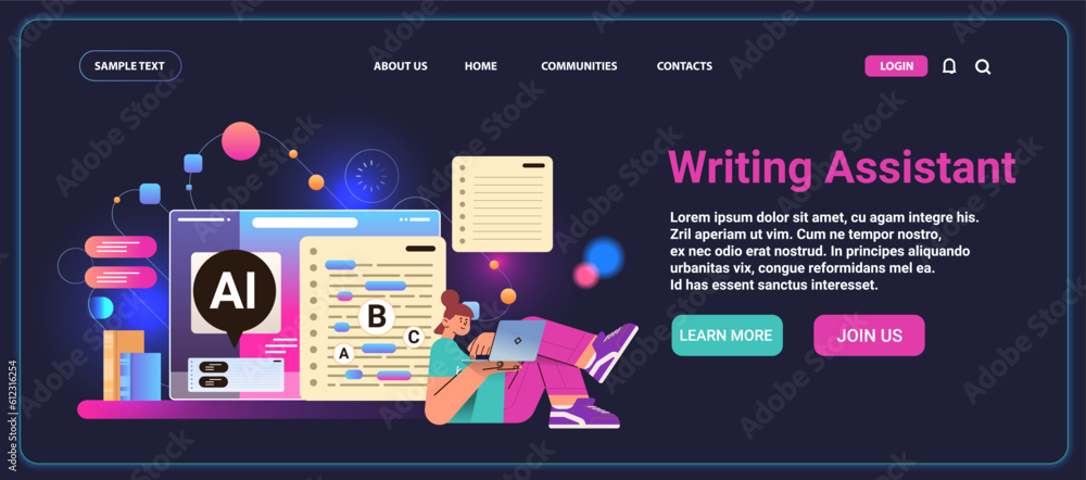 Poster woman using writing assistant app wit ai helper bot copy writing automation technology scan mistakes