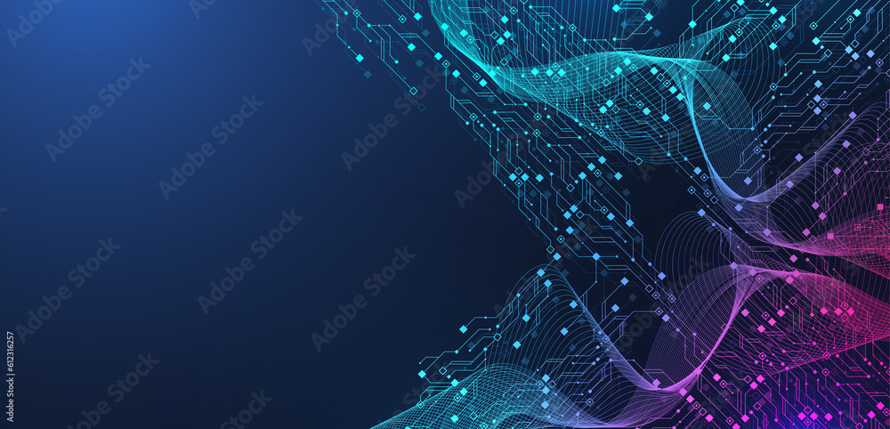 Poster Quantum computer technologies concept. Futuristic blue circuit board background. Modern technology circuit board texture background design. Waves flow. Quantum explosion technology, illustration