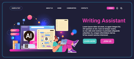 woman using writing assistant app wit ai helper bot copy writing automation technology scan mistakes and report text - obrazy, fototapety, plakaty