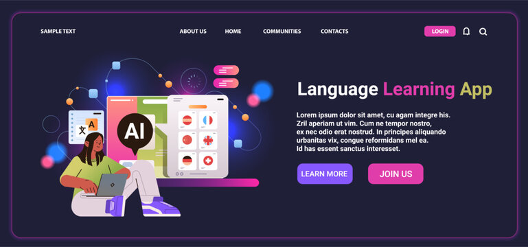 woman learning foreign language in computer app with ai helper bot education concept horizontal