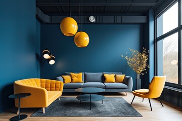 Interior of modern living room with yellow sofa and lamp