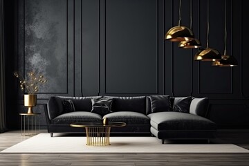 Dark living room interior with black sofa, coffee table and gold lamp