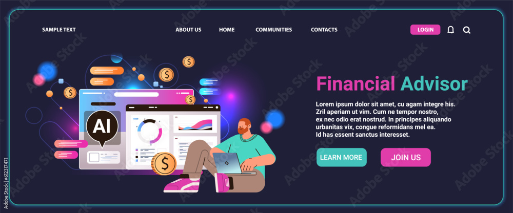 Poster professional financial advisor giving advise in computer app with ai helper bot investment money man