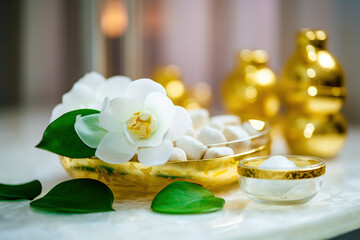 Luxury spa. Beauty spa treatment with candles and flowers.