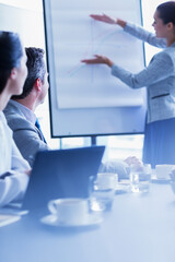 Businesswoman explaining graph at flip chart in conference room meeting