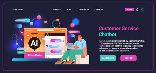 man having dialog with chat bot asking questions and receiving answers ai chatbot assistance customer service
