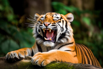 Obraz premium Portrait of a tiger. Tiger growls lying down in natural habitat