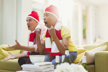 Cheering mature couple wearing matching hats watching TV sports event in living room