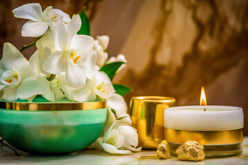 Fototapeta na wymiar Luxury spa. Beauty spa treatment with candles and flowers.