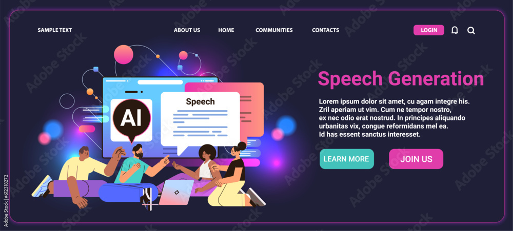 Poster mix race people chatting in computer app with ai helper bot social media network speech generation d