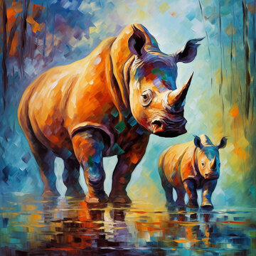 Rhino mother and young baby calf abstract animal artwork painting. Generative AI