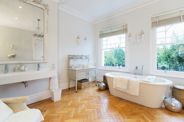 Home showcase interior bathroom with parquet floors