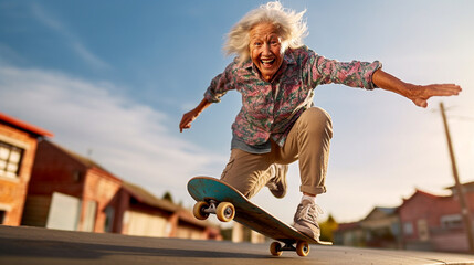 Energetic and joyful old man enjoy riding skateboard and doing stunts - ai generative
