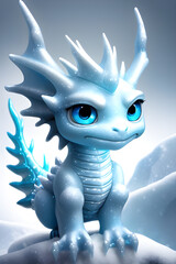 ice dragon baby in snow on white background, generative ai