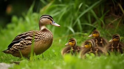 Mallard ducks is isolated on a grass background. Generative AI